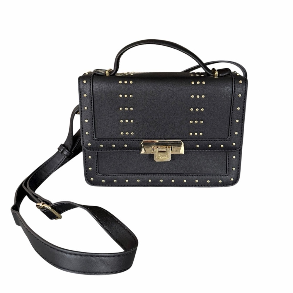 Harrods Black Gold Studded Handbag Crossbody Shoulder Bag Faux Leather